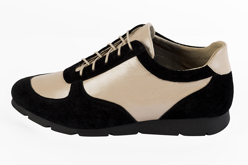 Matt black and gold women's two-tone elegant sneakers. Round toe. Flat rubber soles. Profile view - Florence KOOIJMAN